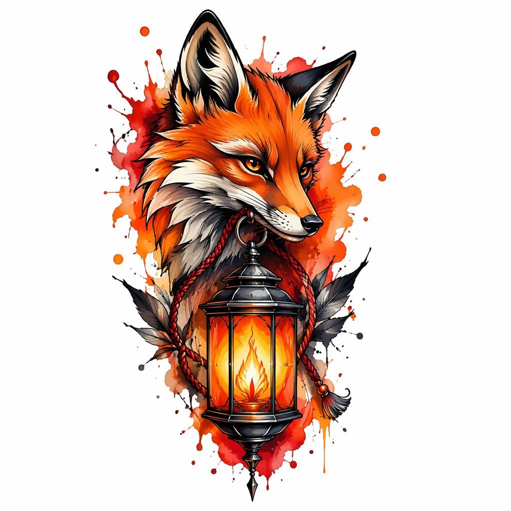 Tattoo-Entwurf einer Neo-Traditional Fuchs-Laterne auf weißem Papier, mit Aquarell-Splash, scharfen Linien und hohem Kontrast.