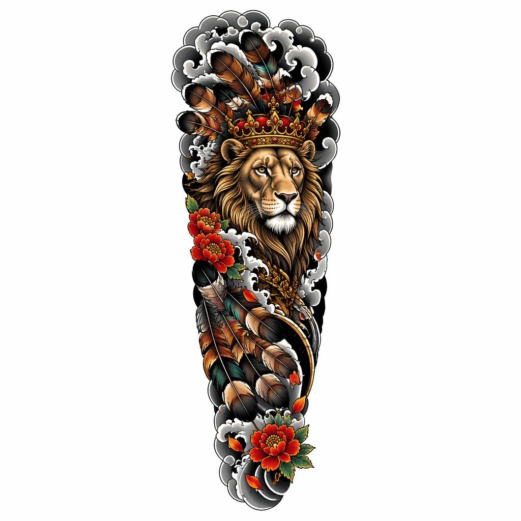 Japanese irezumi tattoo flash on white paper showing a crowned lion forearm design with sharp black lines.