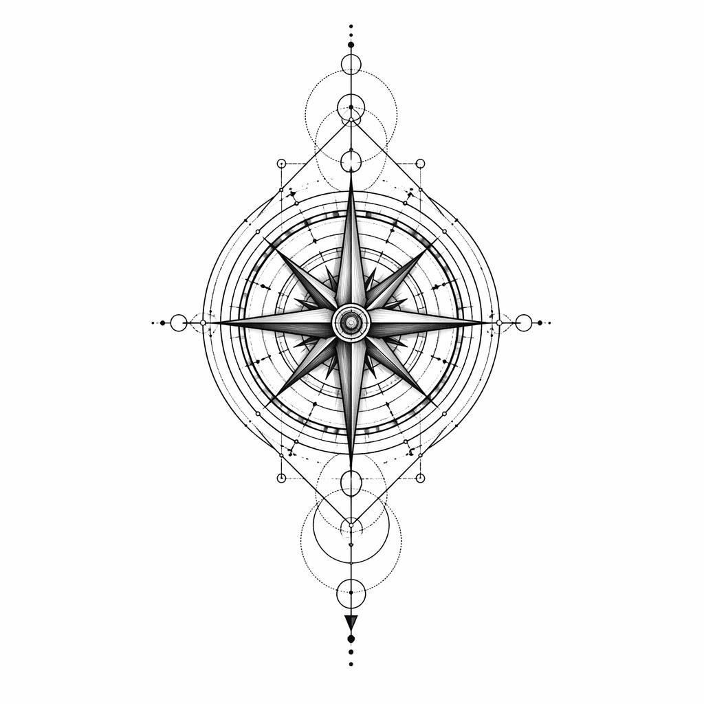 Realistic sacred geometry compass tattoo design drawn on white paper with sharp black lines and high contrast.