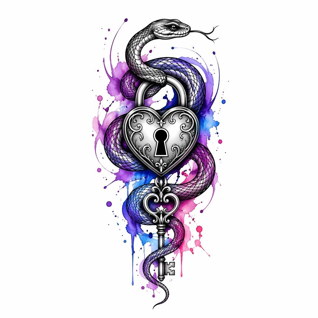 Concept de tatouage sur papier blanc avec serrure et clé best friend, style splash aquarelle, lignes nettes contrastées