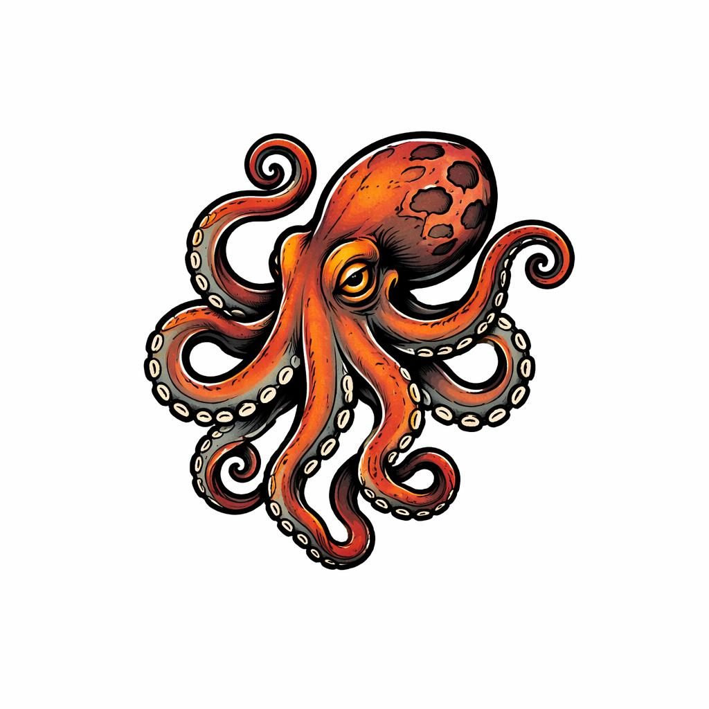 Diseño de tatuaje de pulpo neo tradicional pequeño sobre papel blanco, líneas nítidas y alto contraste.