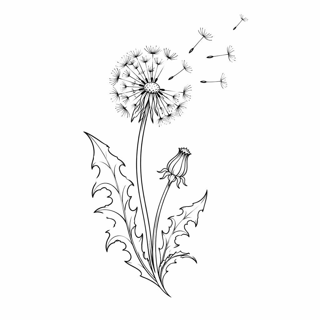 Minimalist fineline dandelion tattoo design on white paper in Japanese irezumi-inspired flash style.