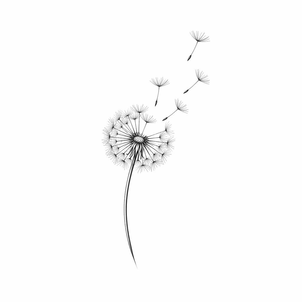 Diseño de tatuaje en papel blanco con diente de león minimalista fineline, líneas nítidas, alto contraste y fondo liso.