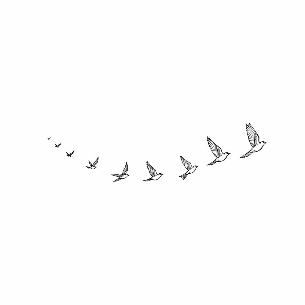 Feine Tattoo-Skizze auf weißem Papier mit kleinem Vogel-Schwarm in geschwungener Spur für das schulter tattoo.