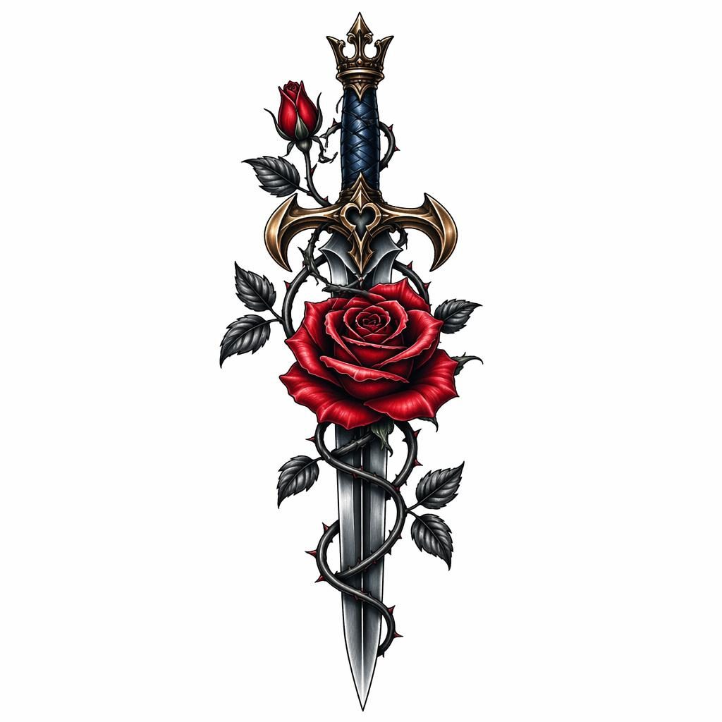 Traditional rose dagger tattoo design on white paper, high-contrast flash-sheet illustration with sharp clean lines.