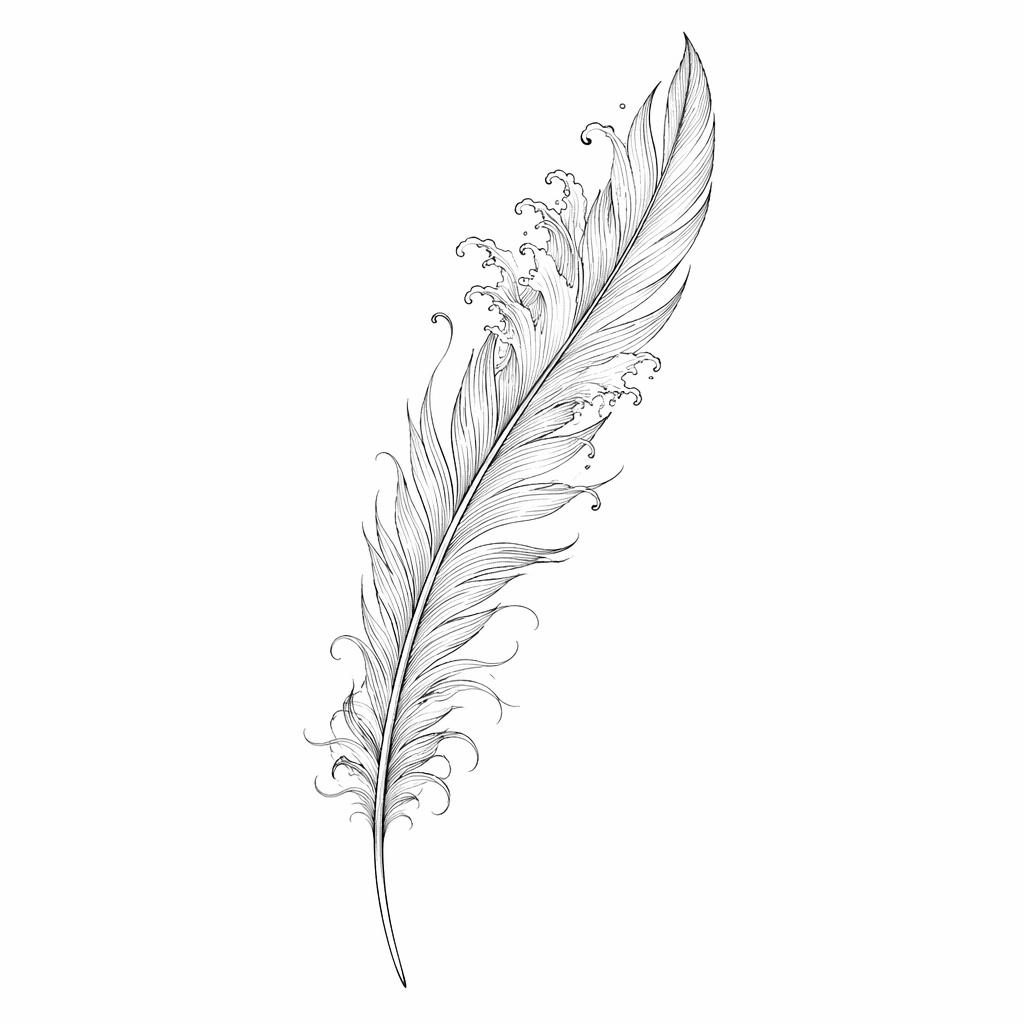 Minimalistische Fineline-Feder als Tattoo-Design auf weißem Papier, klar gezeichnet mit scharfen Linien im Irezumi-Stil.
