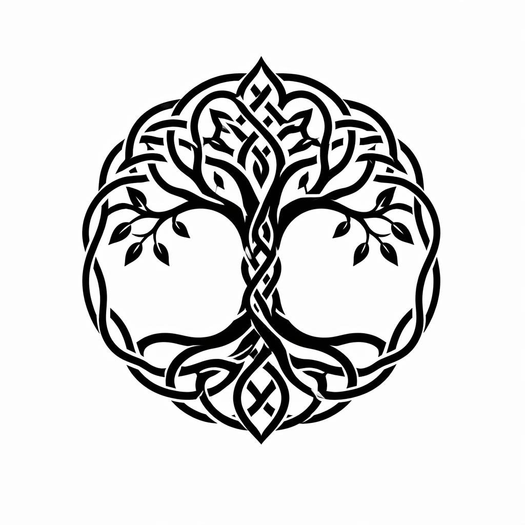 Kleine Tattoo-Vorlage eines keltischen Lebensbaums im Tribal-Stil auf weißem Papier, mit scharfen schwarzen Linien.