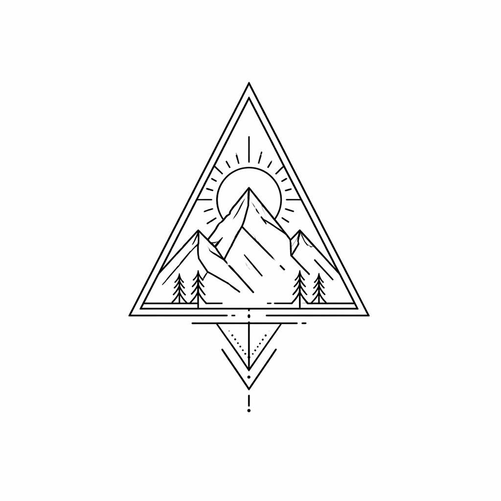 Sketch-style geometric mountain triangle tattoo design on white paper, tiny forearm flash with sharp black linework.
