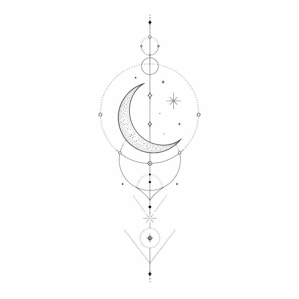 Minimalistisches Fineline-Tattoo-Design eines geometrischen Halbmonds mit Dotwork auf weißem Papier.