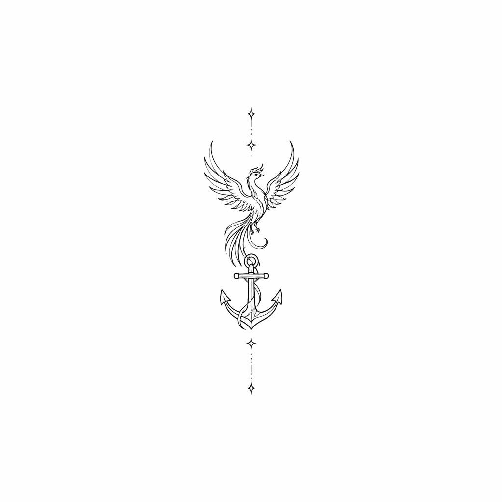 Diseño de tatuaje de ancla minimalista fineline sobre papel blanco, líneas nítidas, estilo flash limpio y alto contraste.