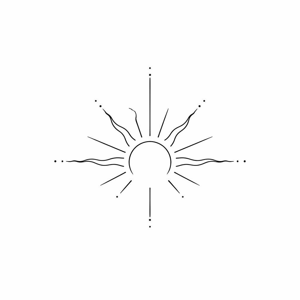Diseño de tatuaje en papel blanco con rayos de sol minimalistas fineline en estilo tribal y líneas negras nítidas.