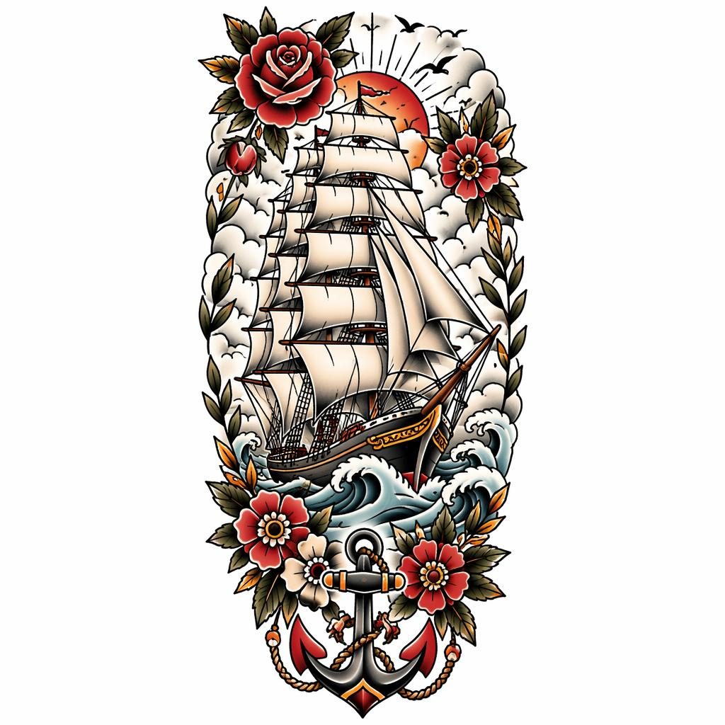 Traditional American full-rigged ship tattoo design on white paper, clean flash-style lines for a full sleeve panel