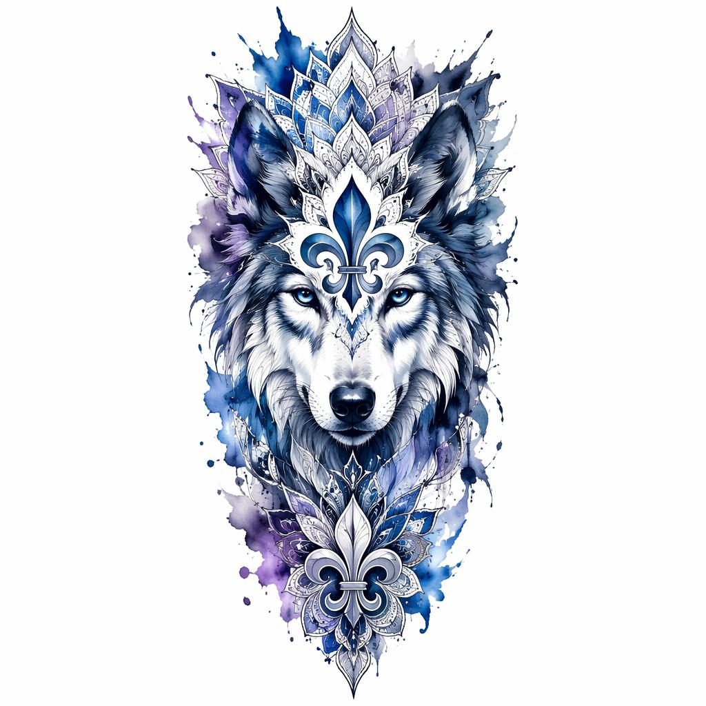 Concept de tatouage sur papier blanc montrant un visage de loup aquarelle, lignes nettes et contraste marqué.
