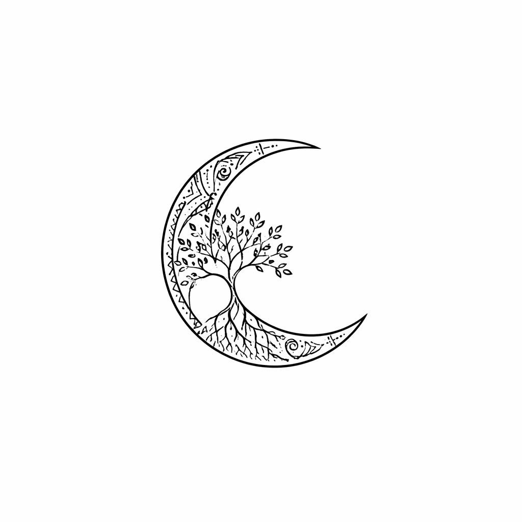 Concept de tatouage lune croissante fineline style tribal, tracé net noir sur papier blanc, format mini flash