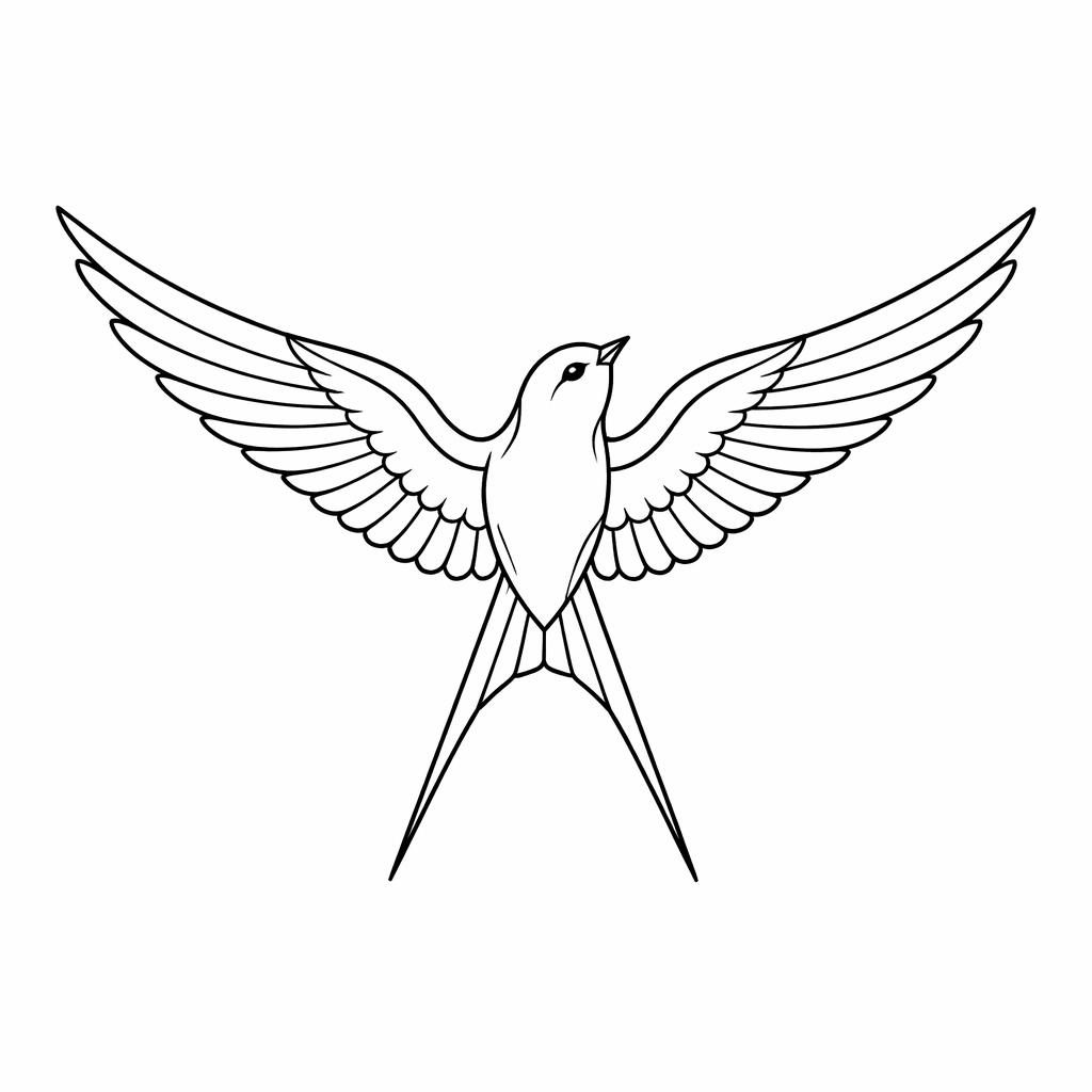 Fineline minimalist swallow chest tattoo flash drawn on white paper with sharp black lines and clean high contrast.