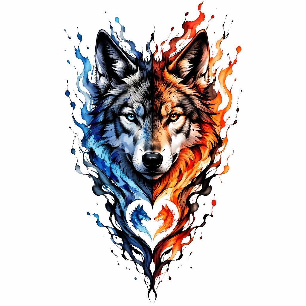 Watercolor wolf face tattoo design on white paper in bold blackwork flash style with sharp lines and high contrast.