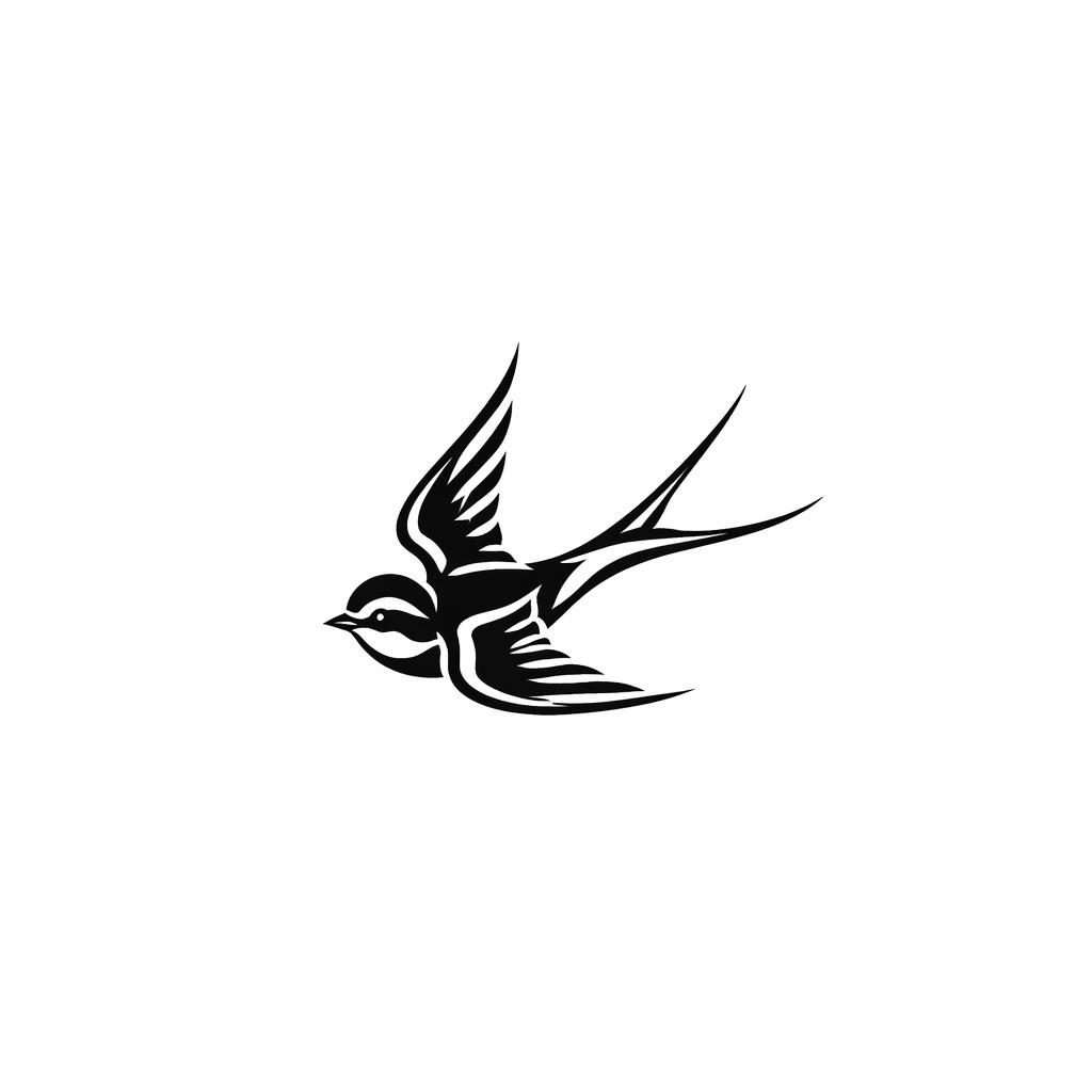 Tribal swallow chest tattoo design on white paper, tiny collarbone flash with sharp black lines and plain background.
