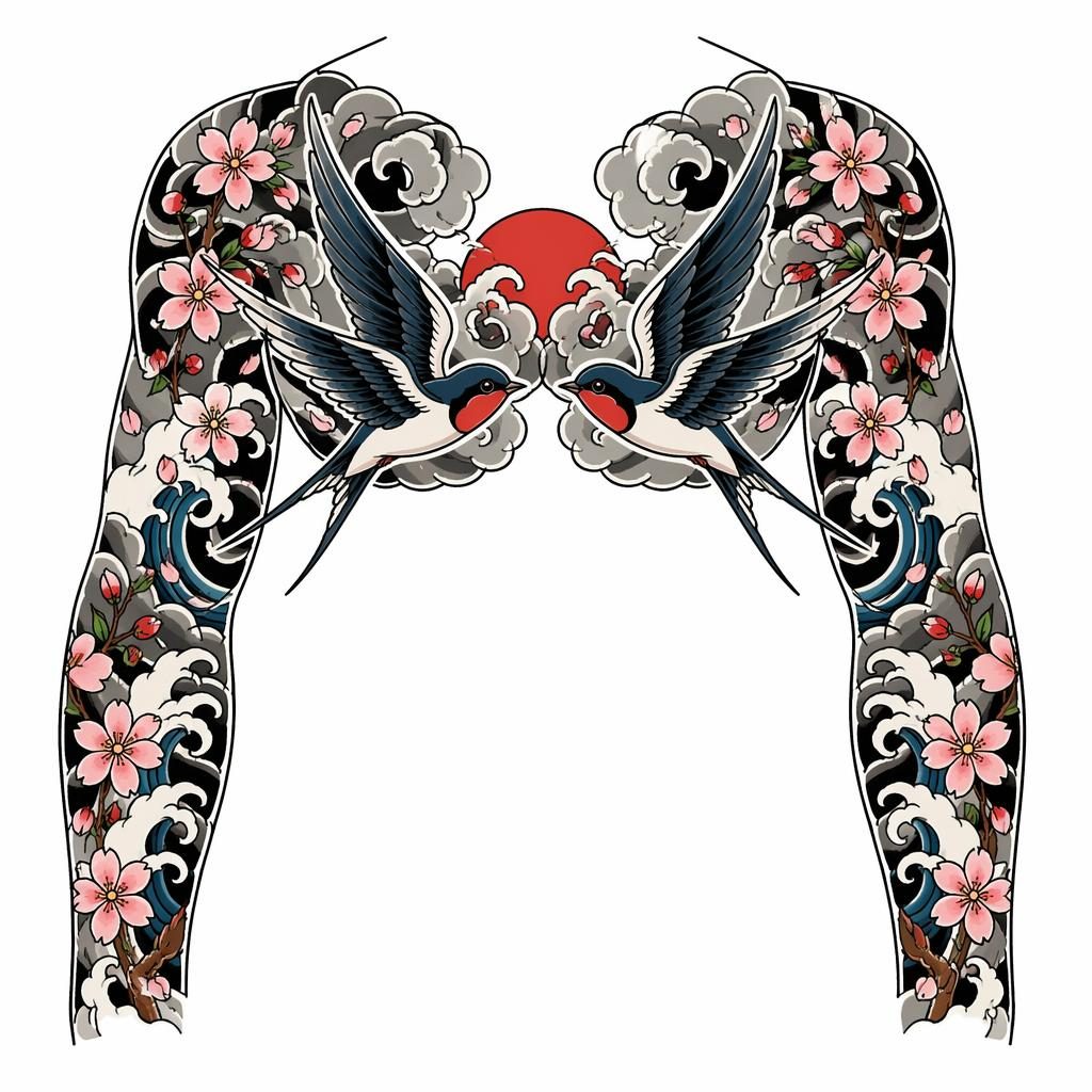Tattoo-Design einer traditionellen Schwalbe auf weißem Papier, Irezumi-Stil, klare Linien, hoher Kontrast
