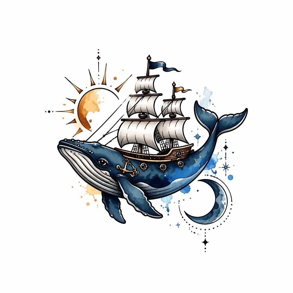 Concept de tatouage sur papier blanc : baleine-navire néo traditionnel en splash aquarelle, lignes nettes, petit format.