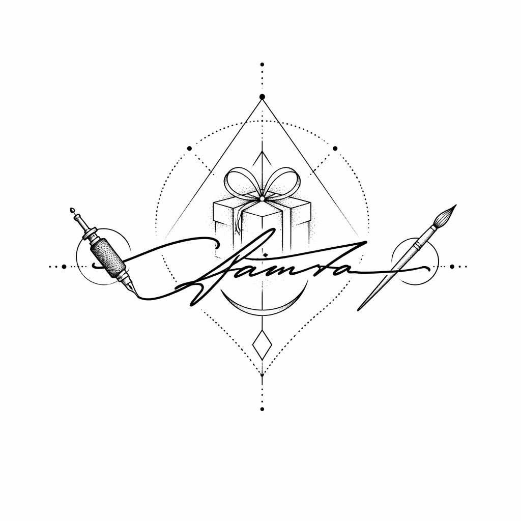Geometric dotwork script signature wrist tattoo concept drawn on white paper in clean flash-sheet style.