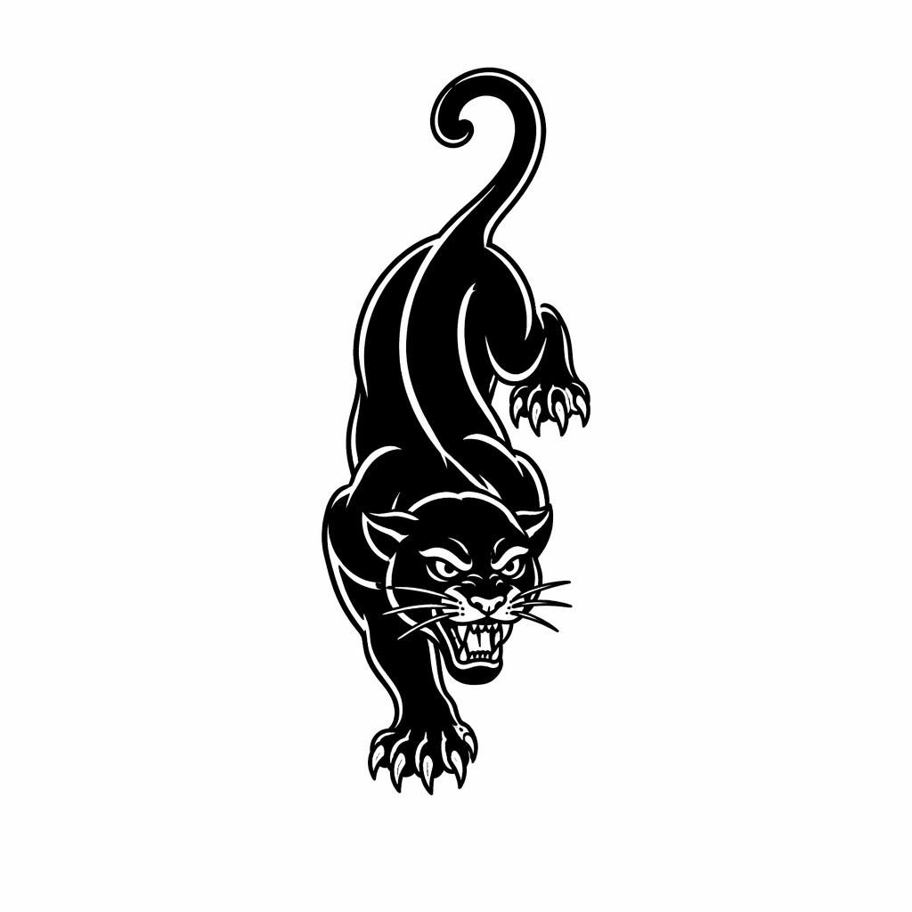 Diseño de pantera tradicional reptando en blackwork sobre papel blanco, líneas negras gruesas y alto contraste.