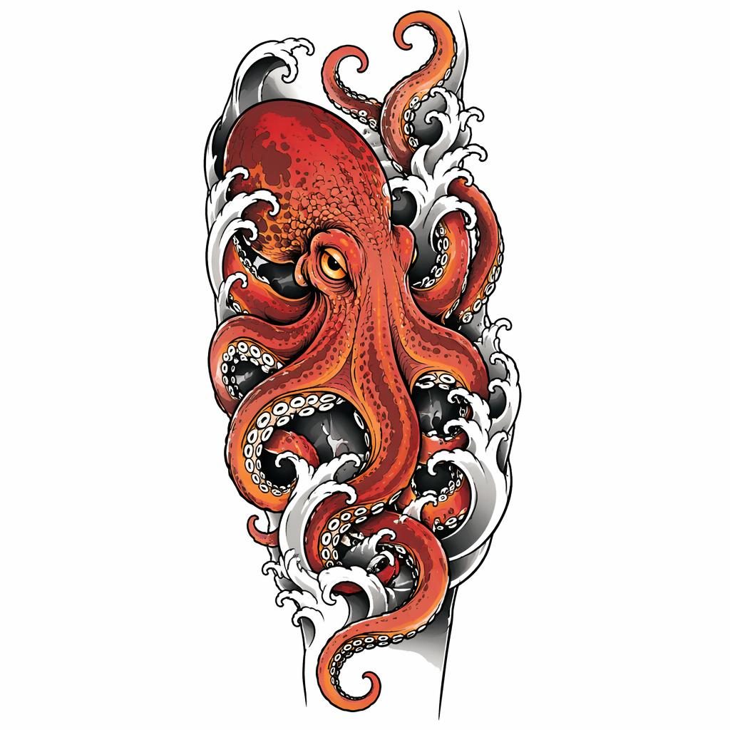 Tattoo-Design auf weißem Papier: neo traditional Oktopus im japanischen Irezumi-Stil, klare Linien, hoher Kontrast.