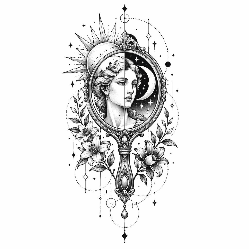 Neo traditional Venus mirror tattoo design on white paper with geometric dotwork, sharp lines, and flash-sheet style.