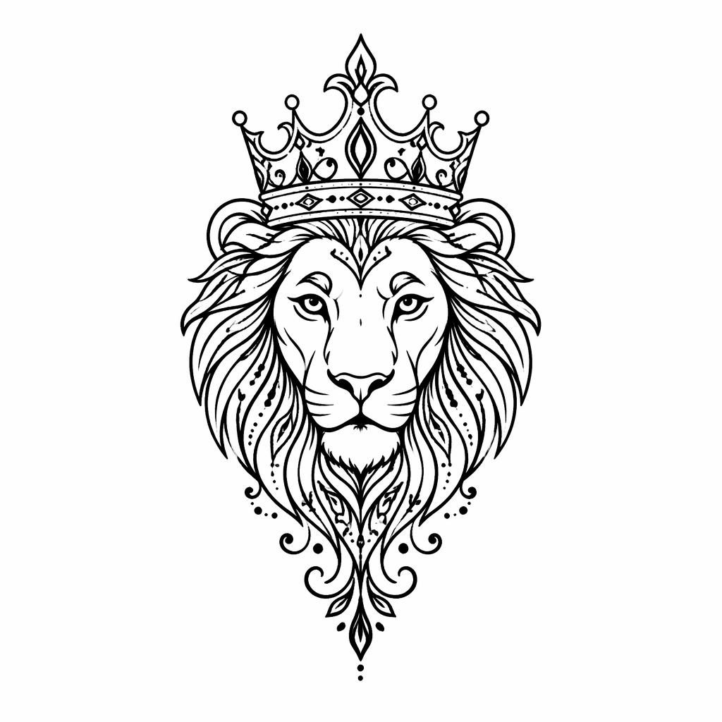 Ilustración de tatuaje en papel blanco de un león con corona, líneas nítidas y alto contraste, estilo flash.