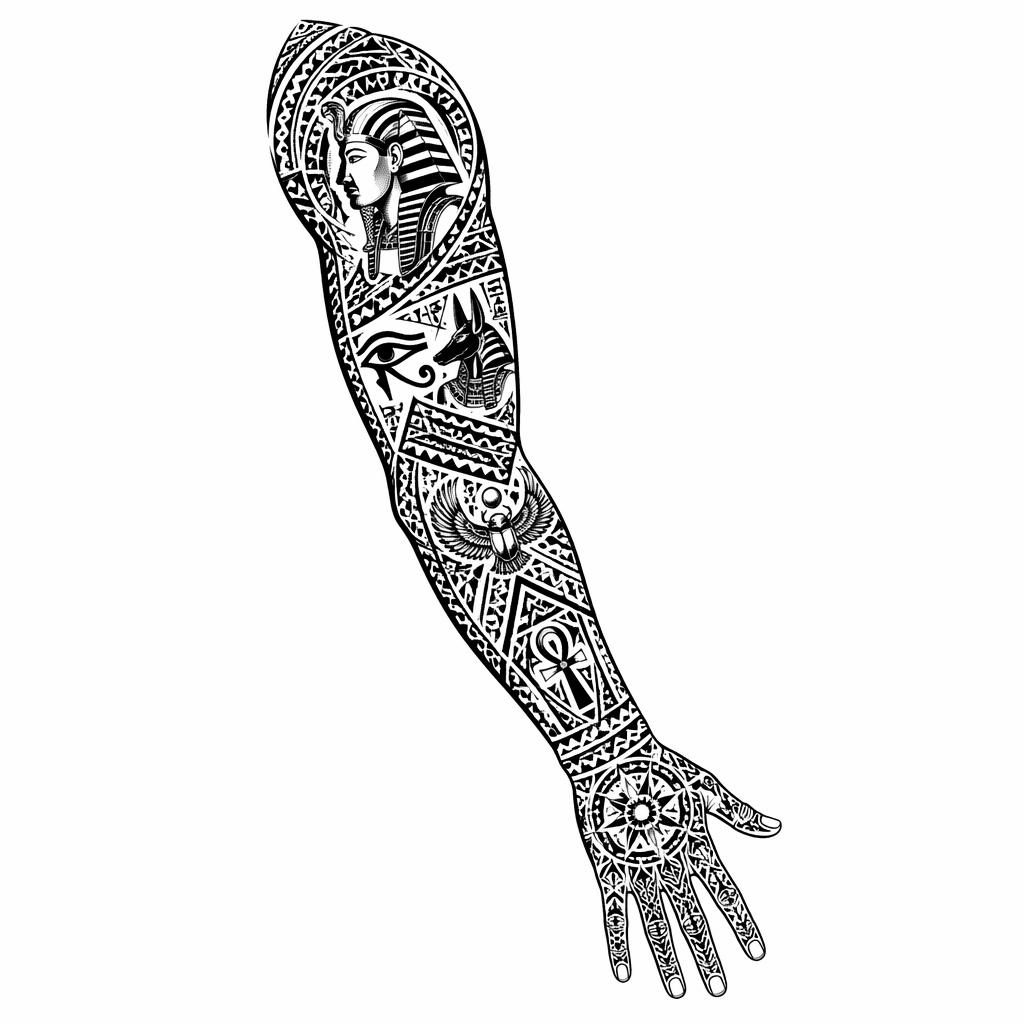 Tattoo flash concept on white paper showing a tribal Polynesian sleeve in Japanese irezumi style with sharp black lines.
