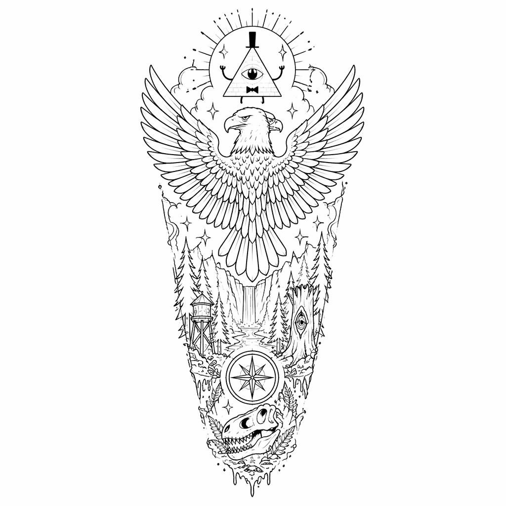 Fineline minimalist eagle back tattoo design on white paper, clean flash-sheet lines, high contrast, forearm sleeve panel.