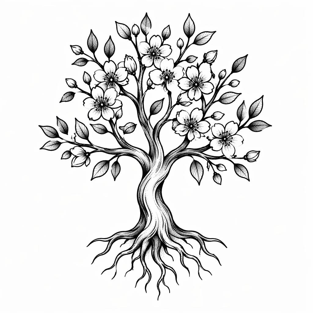 Tattoo-Design auf weißem Papier: schwarzer Baum in Blackwork-Dotwork, neo-traditionell, klare Linien, hoher Kontrast