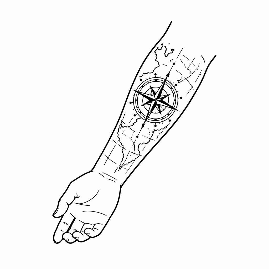 Fineline minimalist tattoo flash showing a tiny compass and map design on plain white paper with sharp black lines.