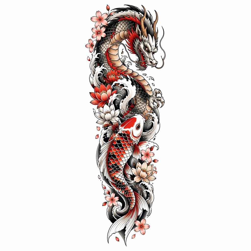 Diseño de tatuaje mini de koi dragón japonés en papel blanco, estilo neo-tradicional, líneas nítidas y alto contraste.