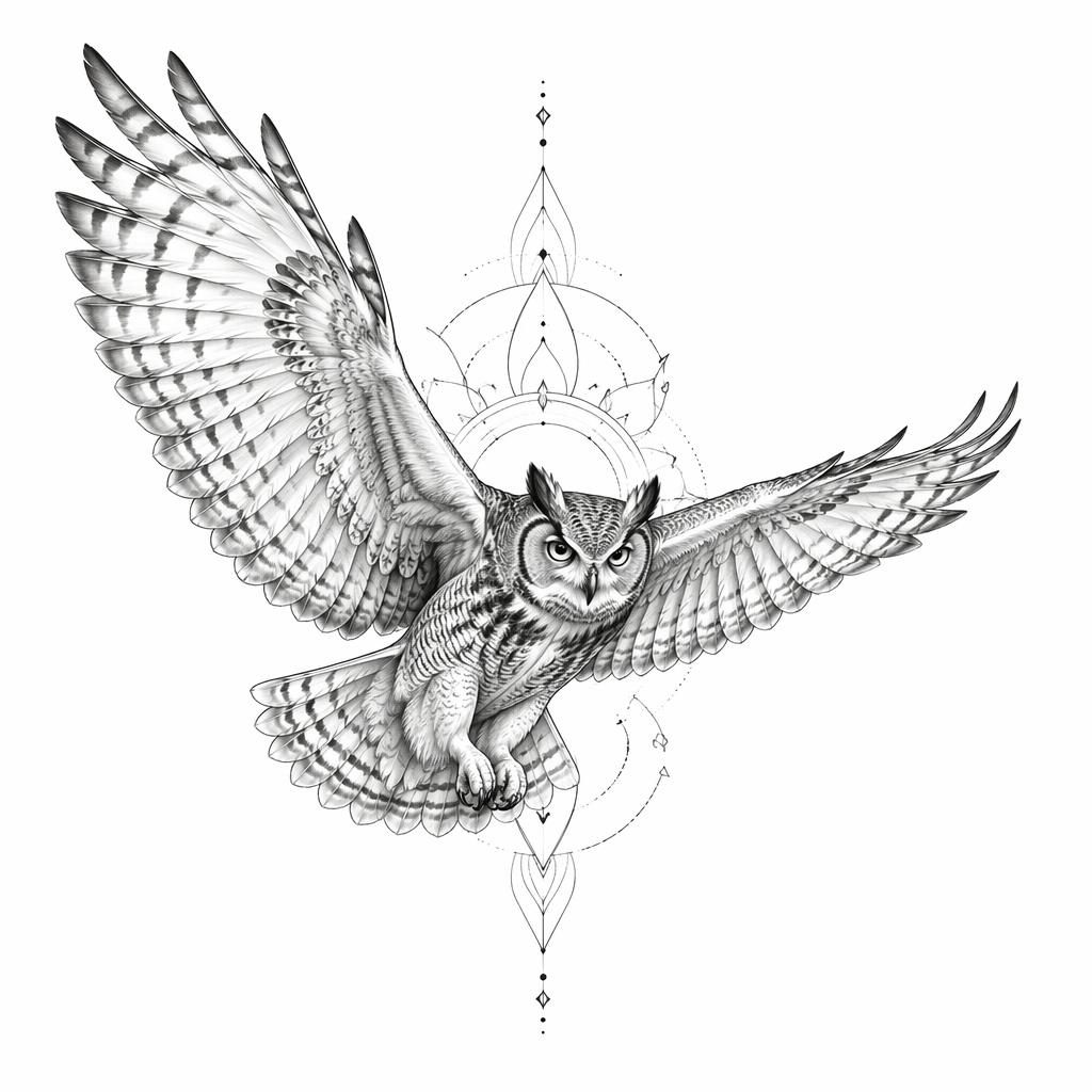Tattoo-Design auf weißem Papier: realistische Eule im Flug, fineline-minimalistisch, klare schwarze Linien, hoher Kontrast.