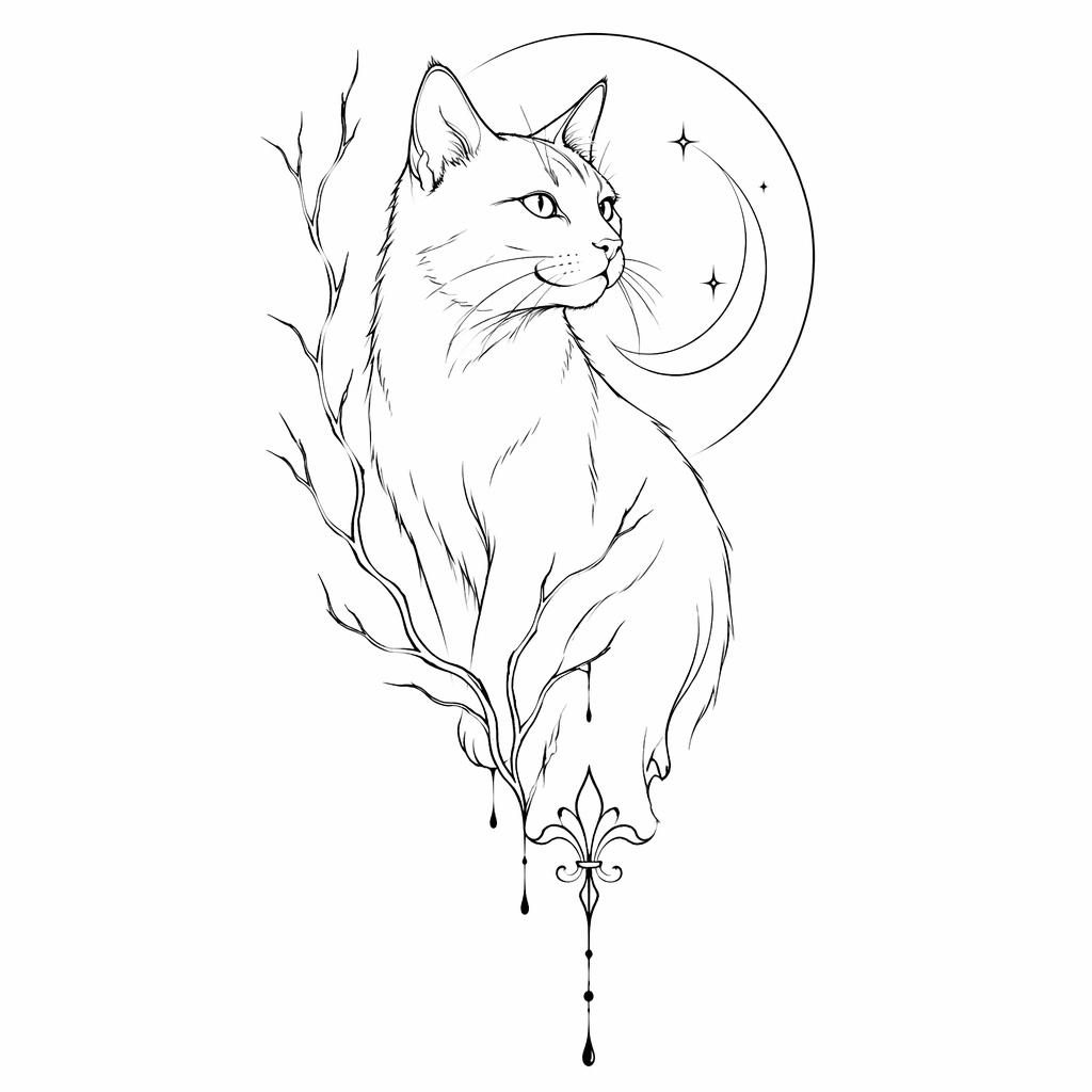 Minimalist fineline cat outline tattoo design on white paper, flash-sheet style with sharp black lines and plain background.