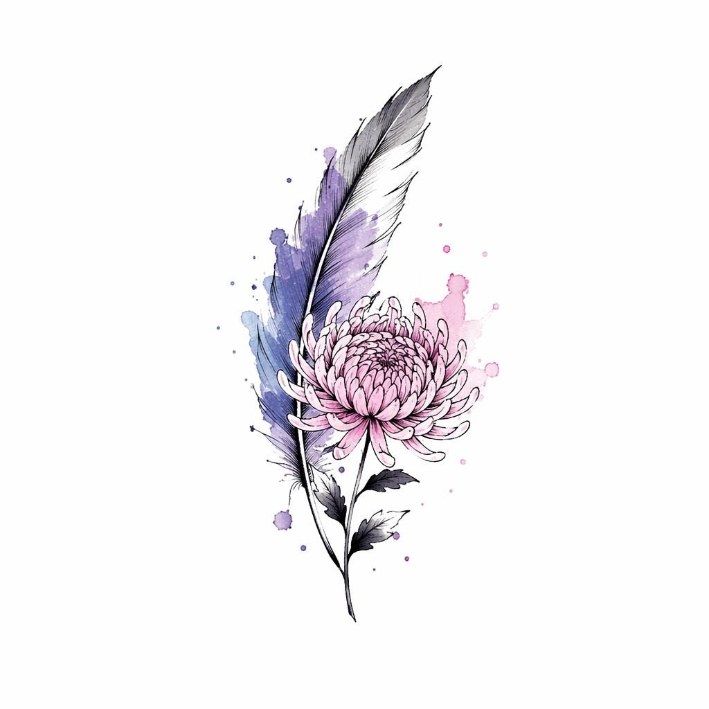 Watercolor tattoo flash design on white paper showing a tiny feather quill illustration with sharp lines and high contrast.