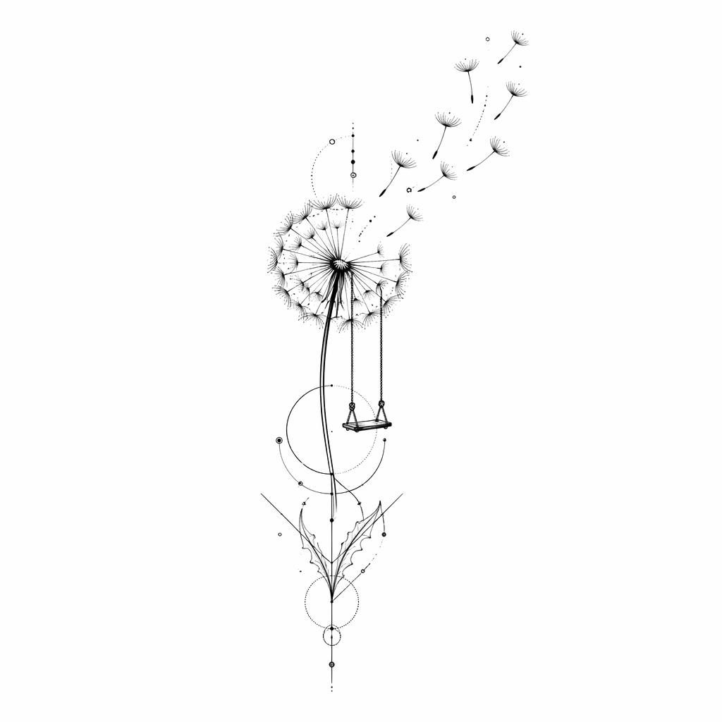 Minimalistischer Fineline-Löwenzahn als Tattoo-Design auf weißem Papier, geometrisch, mit Dotwork und klaren Linien