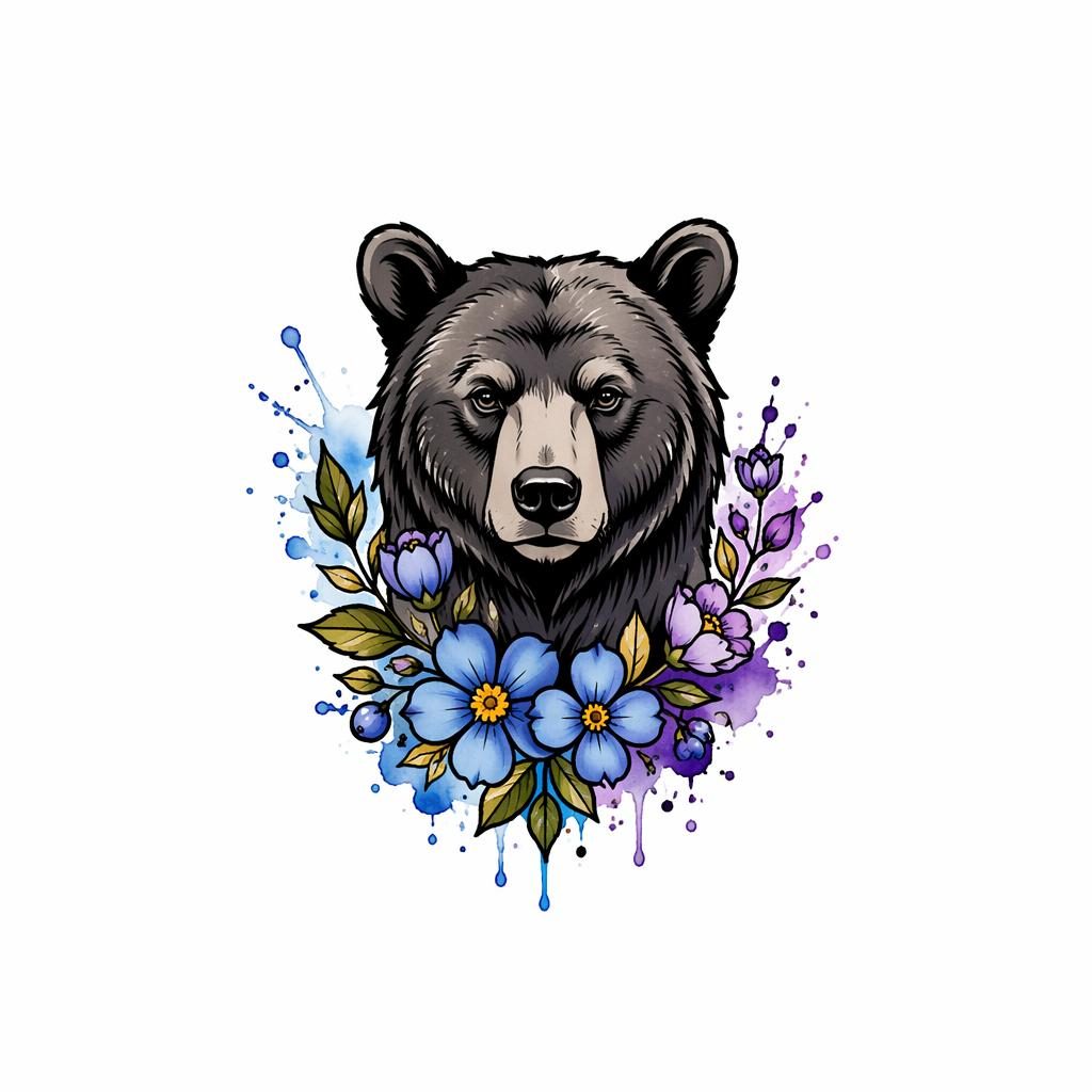 Neo traditional bear floral tattoo design on white paper with watercolor splash, tiny ankle flash illustration.