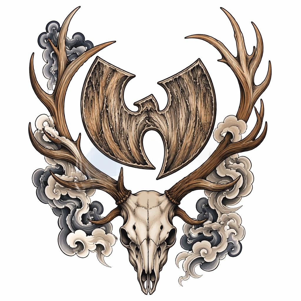 Tattoo flash design of realistic deer antlers in Japanese irezumi style on plain white paper, clean sharp lines.