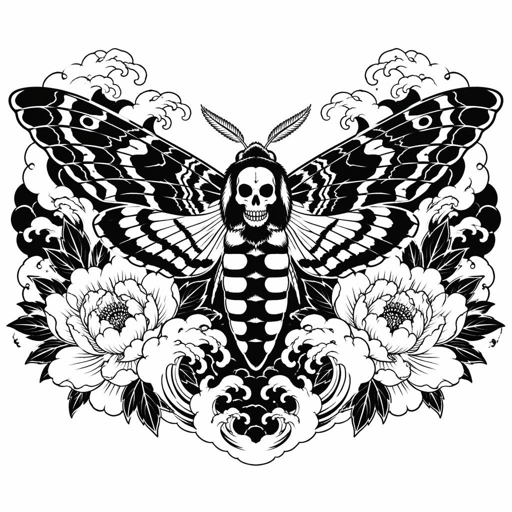 Schwarzes Blackwork-Tattoo-Design einer Motte mit Totenkopf-Motiv auf weißem Papier im Irezumi-Stil.