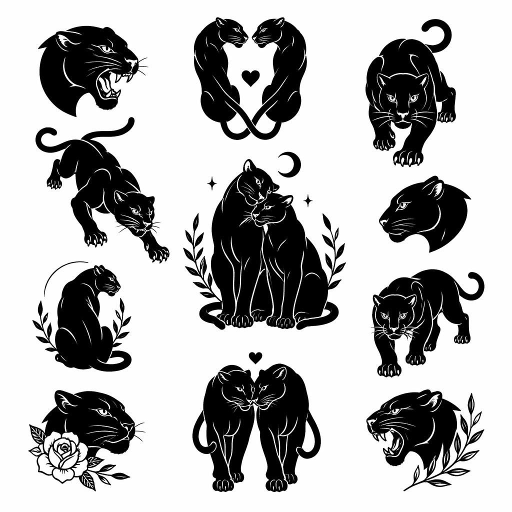 Blackwork solid panther tattoo sketch on white paper, clean linework flash-sheet design for a tiny full sleeve concept.
