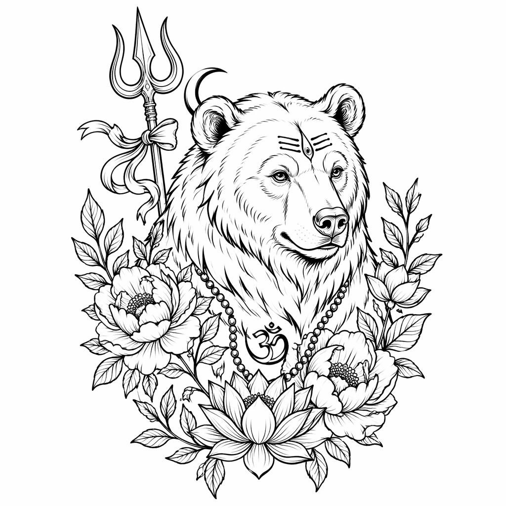 Neo traditional bear and floral tattoo sketch on white paper, clean linework flash design for an upper arm piece.