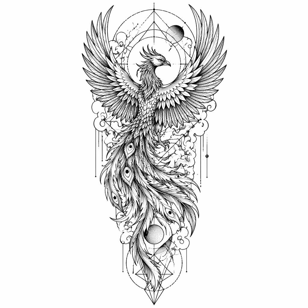 Geometrisches Dotwork-Tattoo-Design eines japanischen Phoenix auf weißem Papier, als cleanes Flash-Sheet mit scharfen Linien.