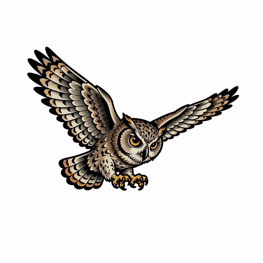 Traditional American tattoo flash concept of a tiny owl in flight on white paper, with sharp black lines and high contrast.