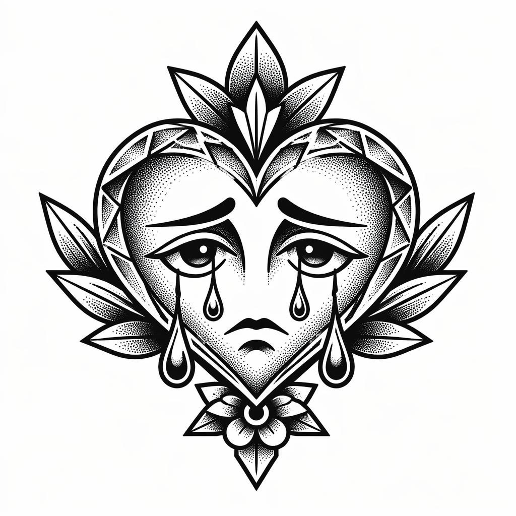 Geometric dotwork crying heart tattoo design on white paper, clean flash-style lines, high contrast, plain background.
