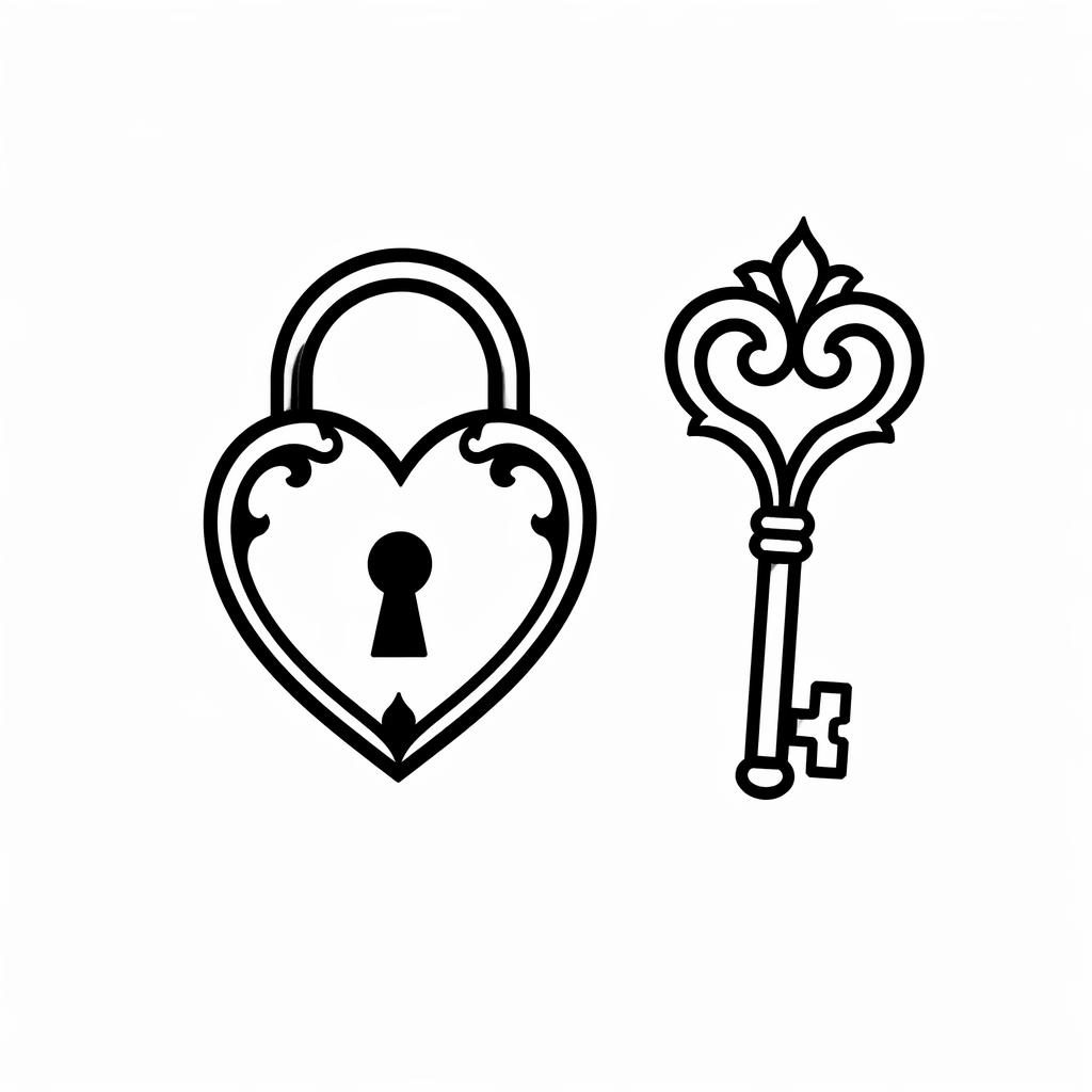 Schloss-und-Schlüssel Tattoo-Design in Blackwork auf weißem Papier, klein, mit kräftigen Linien und hohem Kontrast.