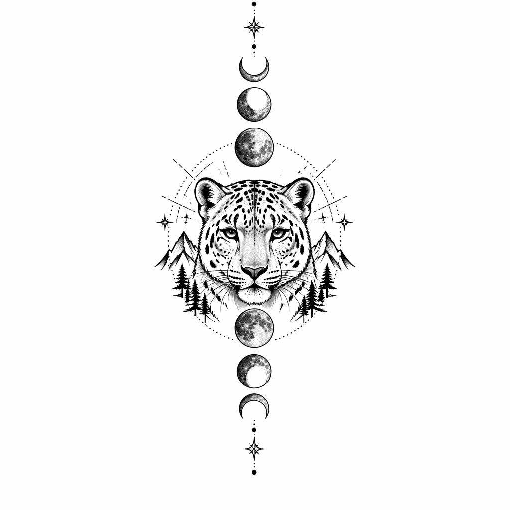 Tattoo flash design on white paper featuring dotwork moon phases in a traditional American forearm concept.
