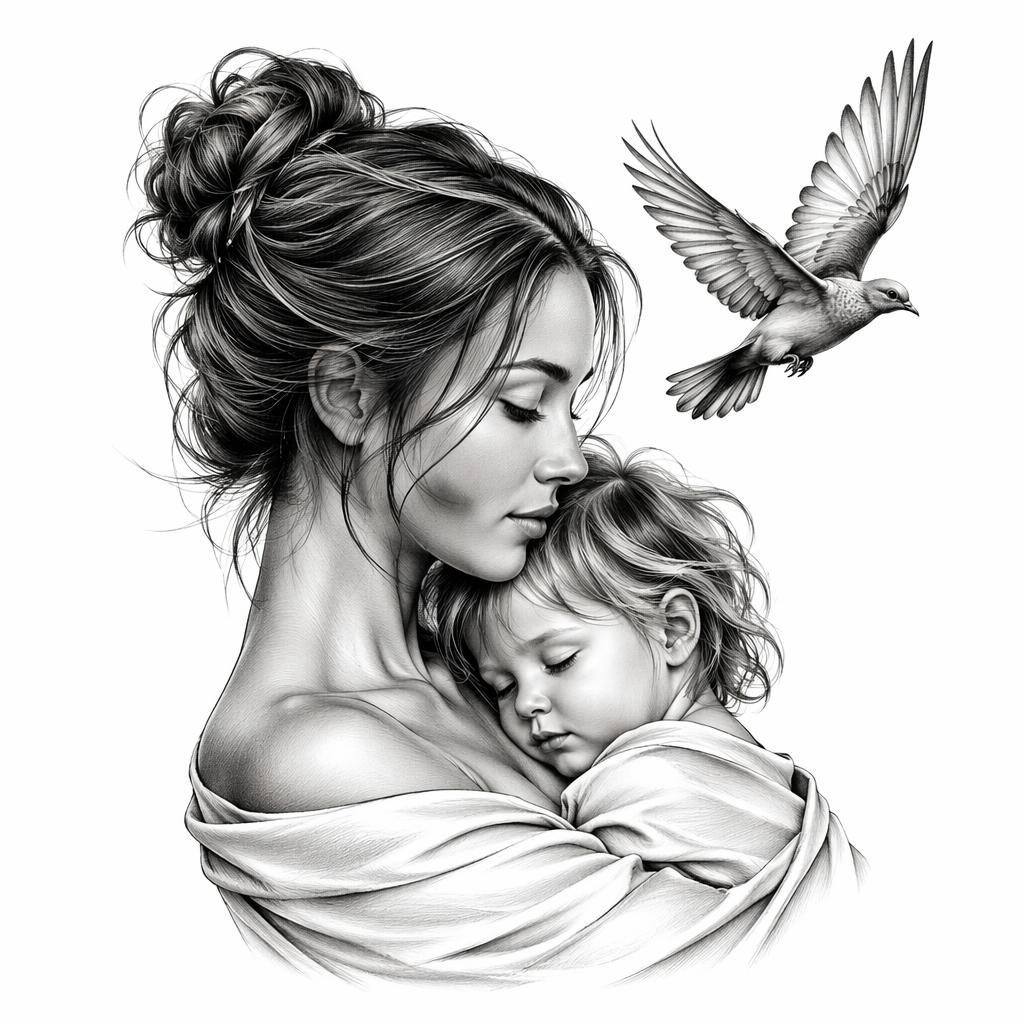 Tattoo flash design on white paper showing a high-contrast realism mother and child portrait in clean black ink lines.
