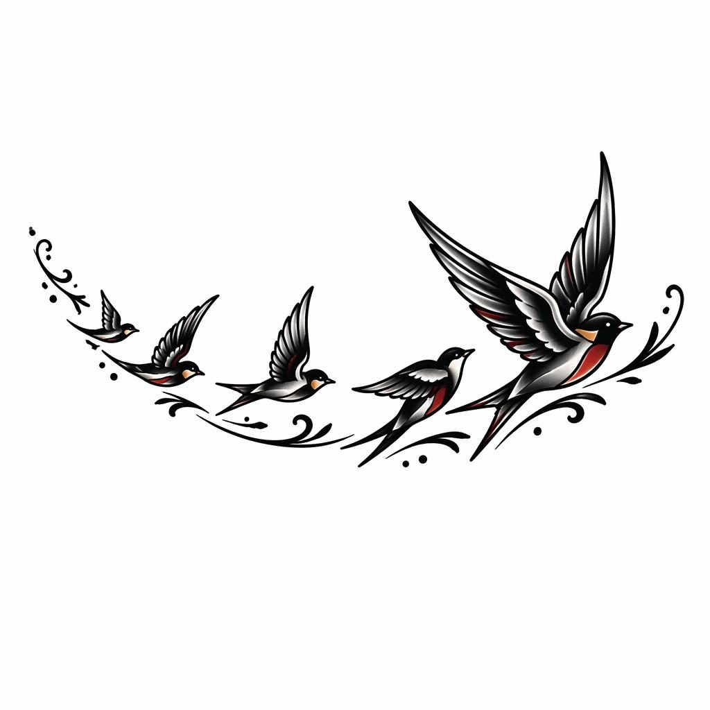 Black bird flock collarbone trail tattoo concept on white paper, tribal flash-sheet illustration with sharp clean lines.