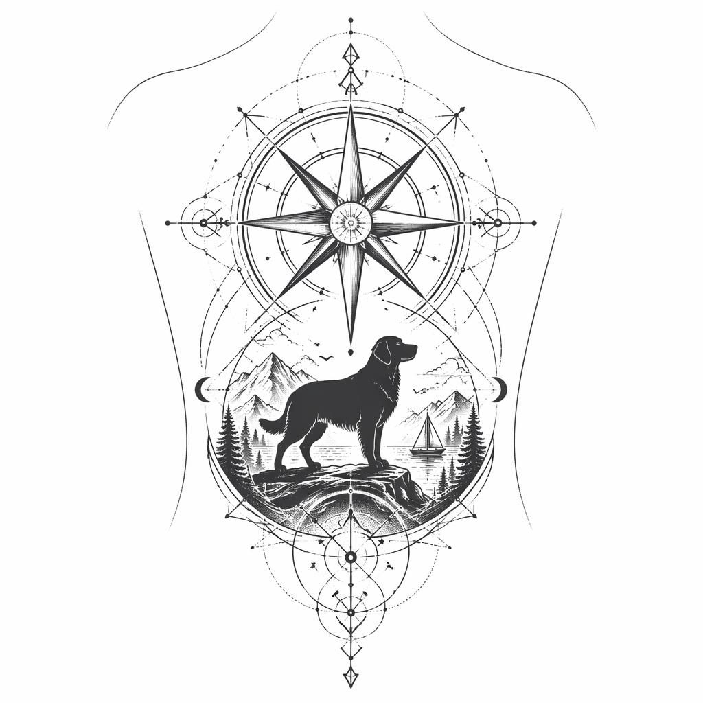 Diseño de tatuaje en papel blanco con brújula náutica geométrica en dotwork, líneas nítidas y alto contraste.